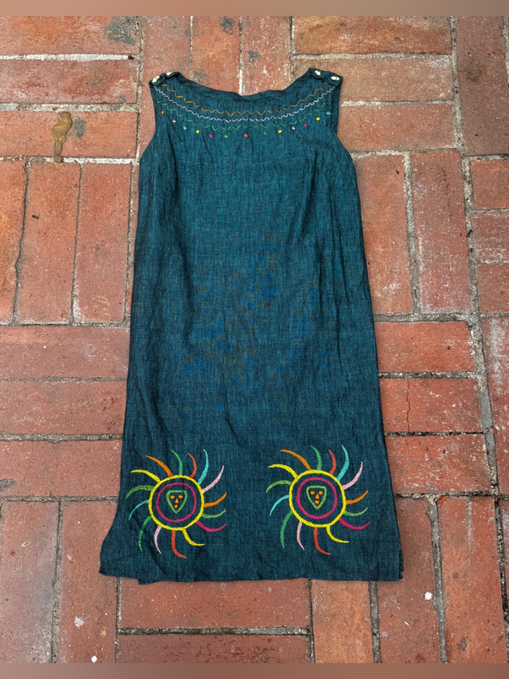 60s Vintage Blue Linen Mexican Tourist Dress w Embroidered Suns Sz SM